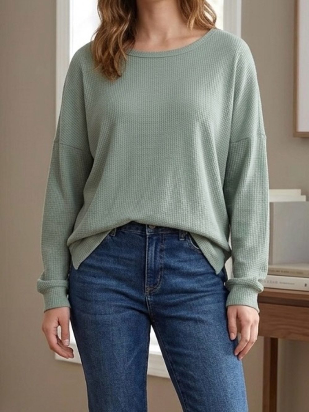 Relaxed Waffle Knit Women's Sweater - Sage Green